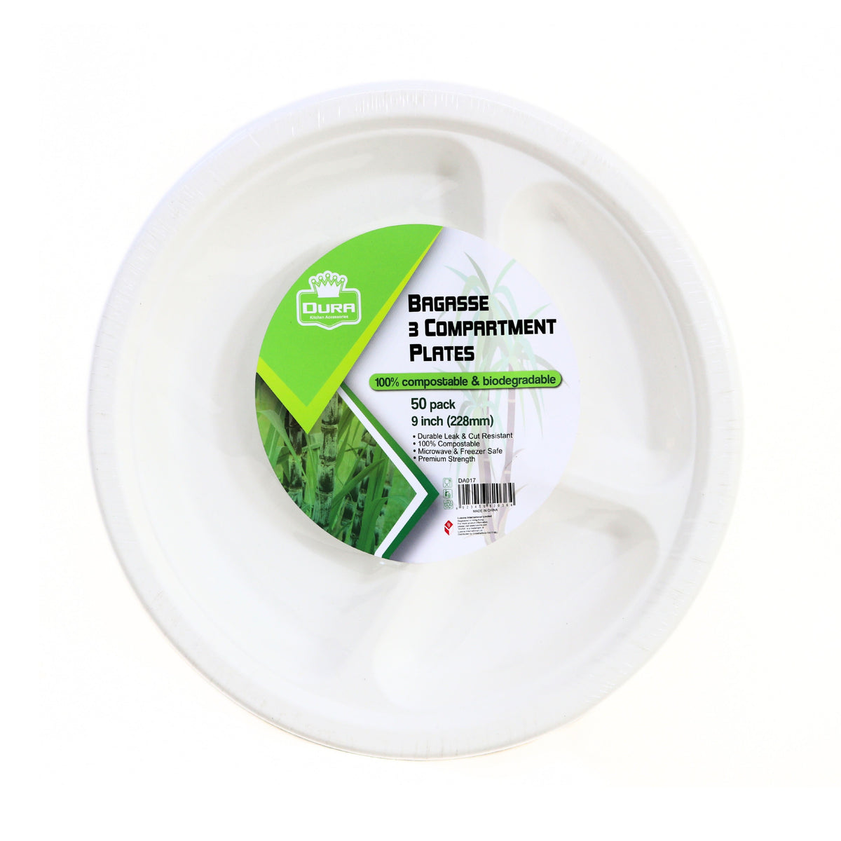 Dura Kitchen Accessories Bagasse 3 Compartment Plates White 9-Inch Pack of 50 DA017 | Durable | Leak and Cut Resistant | 100 Percent Compostable and Biodegradable | Microwave and Freezer Safe | Premium Strength
