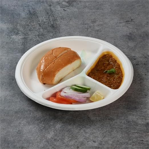 Dura Kitchen Accessories Bagasse 3 Compartment Plates White 9-Inch Pack of 50 DA017 | Durable | Leak and Cut Resistant | 100 Percent Compostable and Biodegradable | Microwave and Freezer Safe | Premium Strength