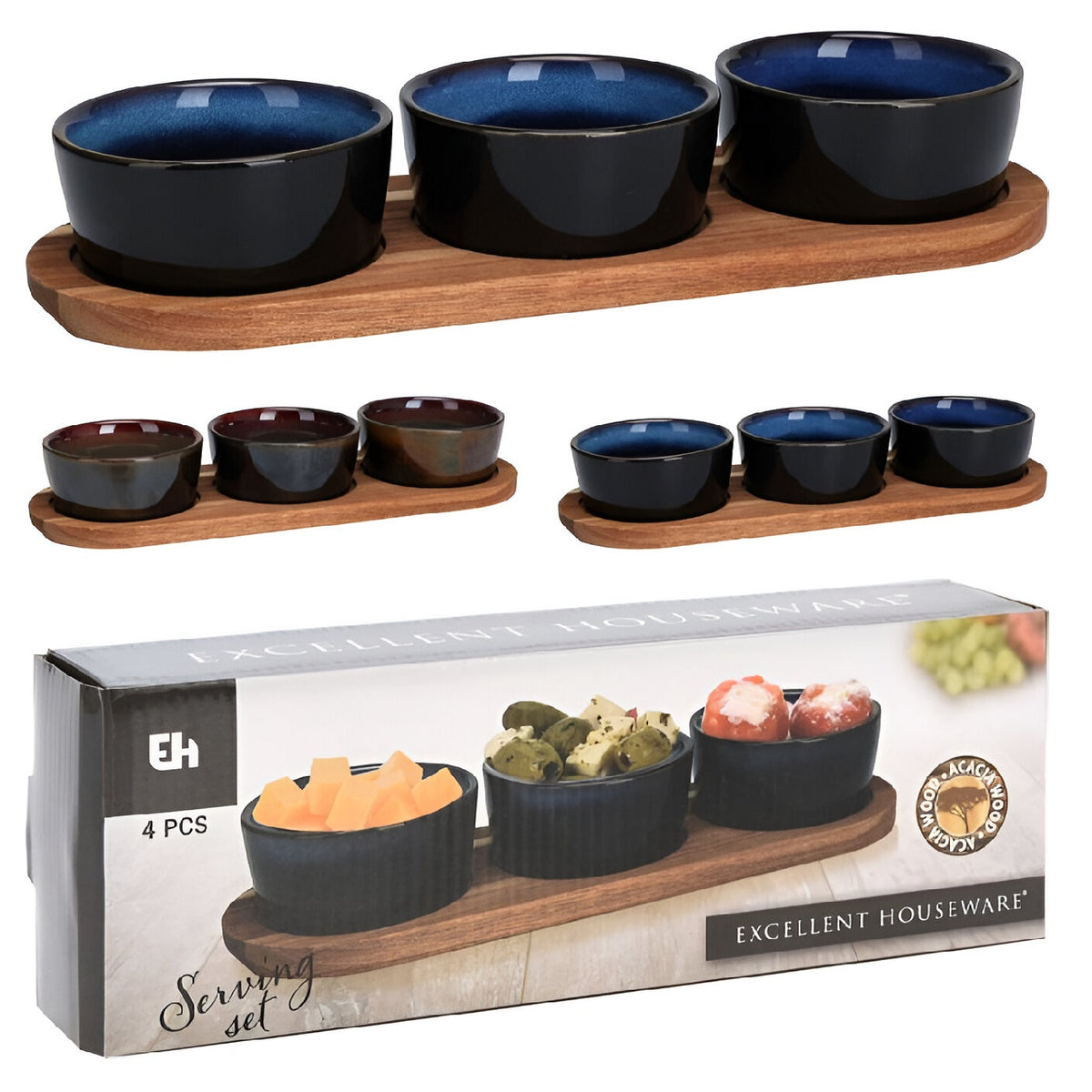 Excellent Houseware Serving Set Assorted 1x Tray - 29cm x 10cm - 3x Bowl - 8.5cm Pack of 4 278000740