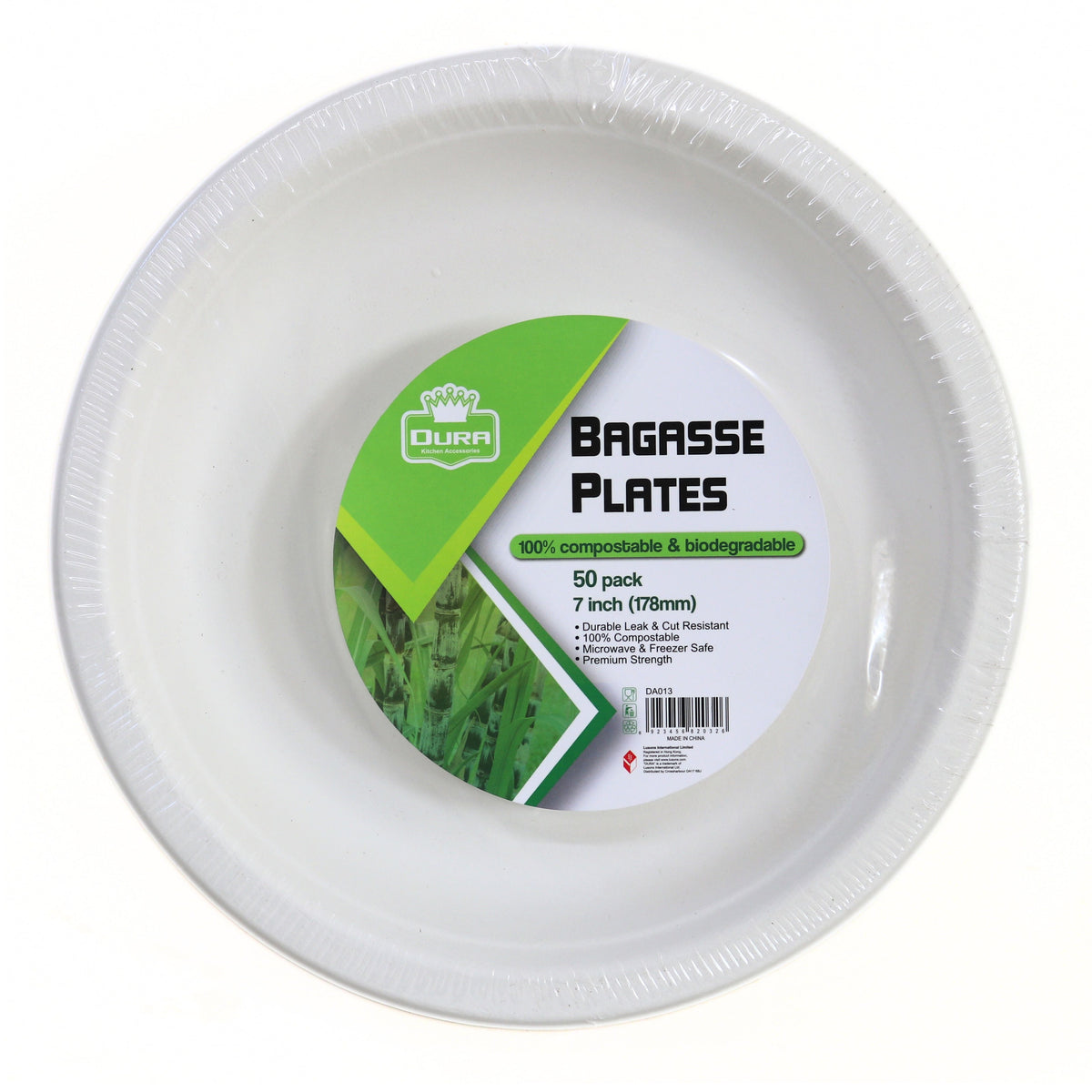 Dura Kitchen Accessories Bagasse Plates White 7-Inch Pack of 50 DA013 | Durable | Leak and Cut Resistant | 100 Percent Compostable and Biodegradable | Microwave and Freezer Safe | Premium Strength