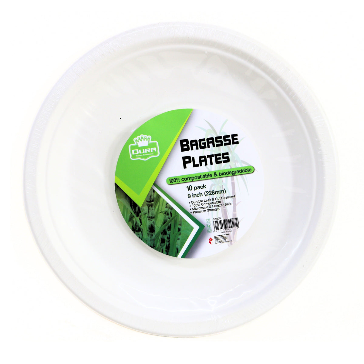Dura Kitchen Accessories Bagasse Plates White 9-Inch Pack of 10 DA008 | Durable | Leak and Cut Resistant | 100 Percent Compostable and Biodegradable | Microwave and Freezer Safe | Premium Strength
