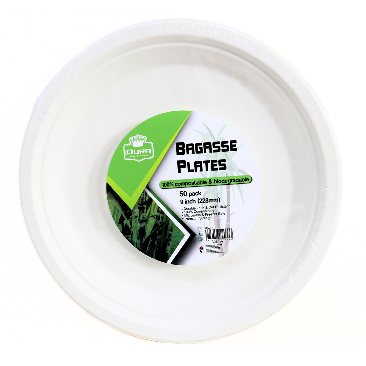Dura Kitchen Accessories Bagasse Plates White 9-Inch Pack of 50 DA014 | Durable | Leak and Cut Resistant | 100 Percent Compostable and Biodegradable | Microwave and Freezer Safe | Premium Strength