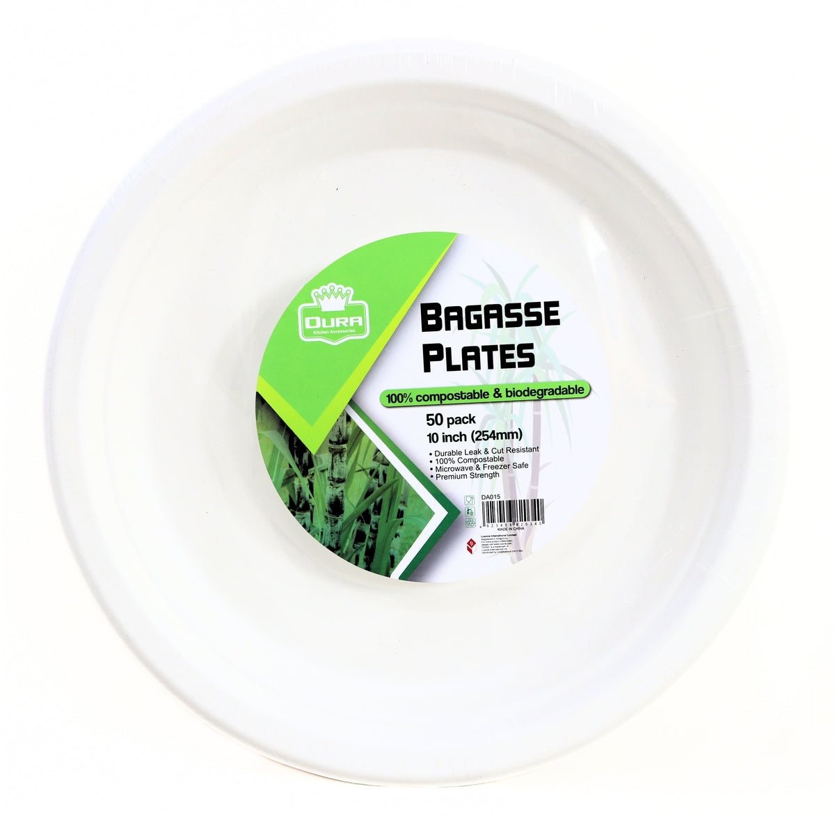 Dura Kitchen Accessories Bagasse Plates White 10-Inch Pack of 50 DA015 | Durable | Leak and Cut Resistant | 100 Percent Compostable and Biodegradable | Microwave and Freezer Safe | Premium Strength