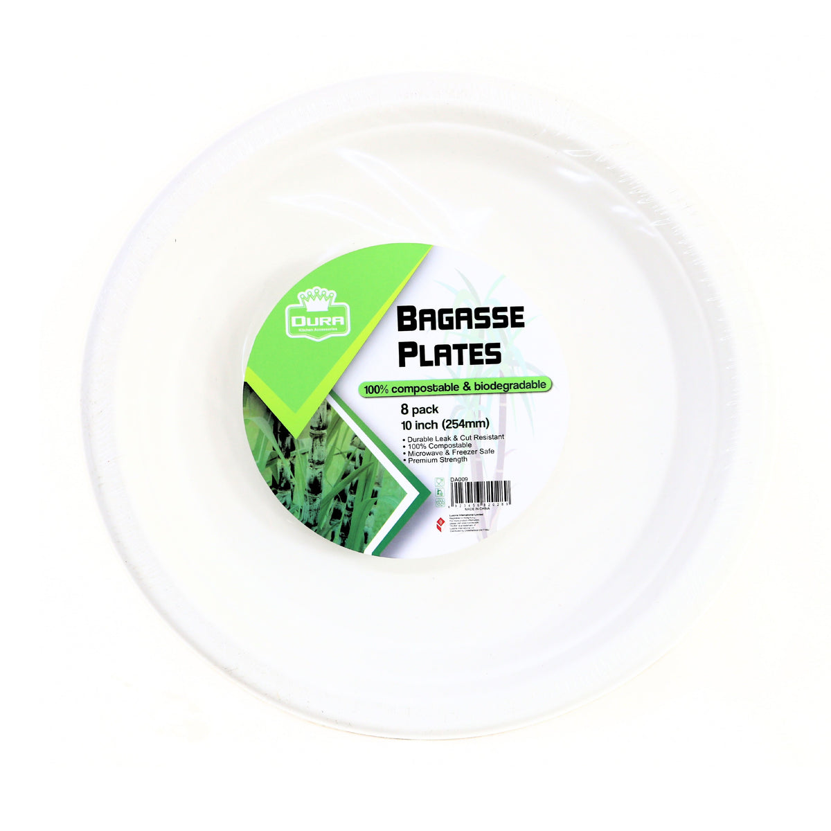 Dura Kitchen Accessories Bagasse Plates White 10-Inch Pack of 8 DA009 | Durable | Leak and Cut Resistant | 100 Percent Compostable and Biodegradable | Microwave and Freezer Safe | Premium Strength