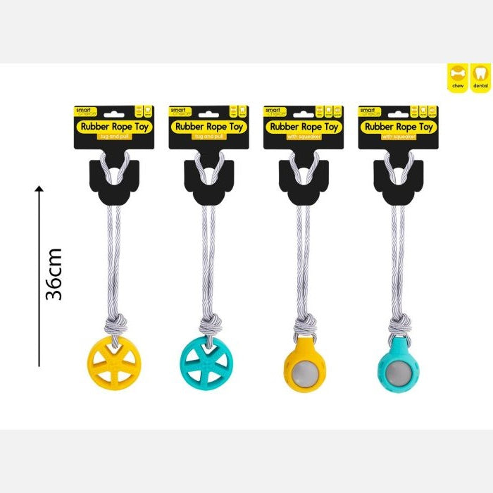 Smart Choice Rubber Rope Dog Toy Teal and Yellow 8cm x 5cm x 35cm Pack of 1 SC1620 | Assorted Designs | Tug and Pull Chew Toy with Squeaker | Dental Care Toy | For Dogs and Puppies | Lightweight and Robust Rubber | Knotted Rope to Help Maintain Dental Hygiene