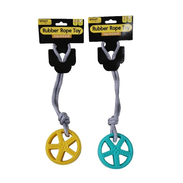 Smart Choice Rubber Rope Dog Toy Teal and Yellow 8cm x 5cm x 35cm Pack of 1 SC1620 | Assorted Designs | Tug and Pull Chew Toy with Squeaker | Dental Care Toy | For Dogs and Puppies | Lightweight and Robust Rubber | Knotted Rope to Help Maintain Dental