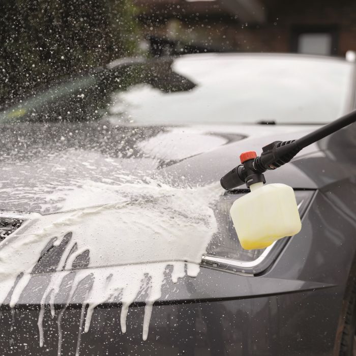 Hilka Electric Pressure Washer with Foam Bottle 1200W Black 91051200 | Pressure 90 Bar | Adjustable Spray Lance | 5Mtr Cable | 3Mtr Hose | Ideal for Cars-Patios and Driveways | Compact Design | Auto Stop Function | 7L Per Minute Max Flow
