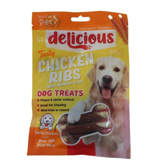 World of Pets Delicious Tasty Chicken Ribs Dog Treats with Munchy Stick Brown Pack of 5 70g WP799 | Over 75 Percent Real Meat | Ideal Treat or Reward | Helps Control Plaque and Tartar | Great for Chewing | Resealable Pack