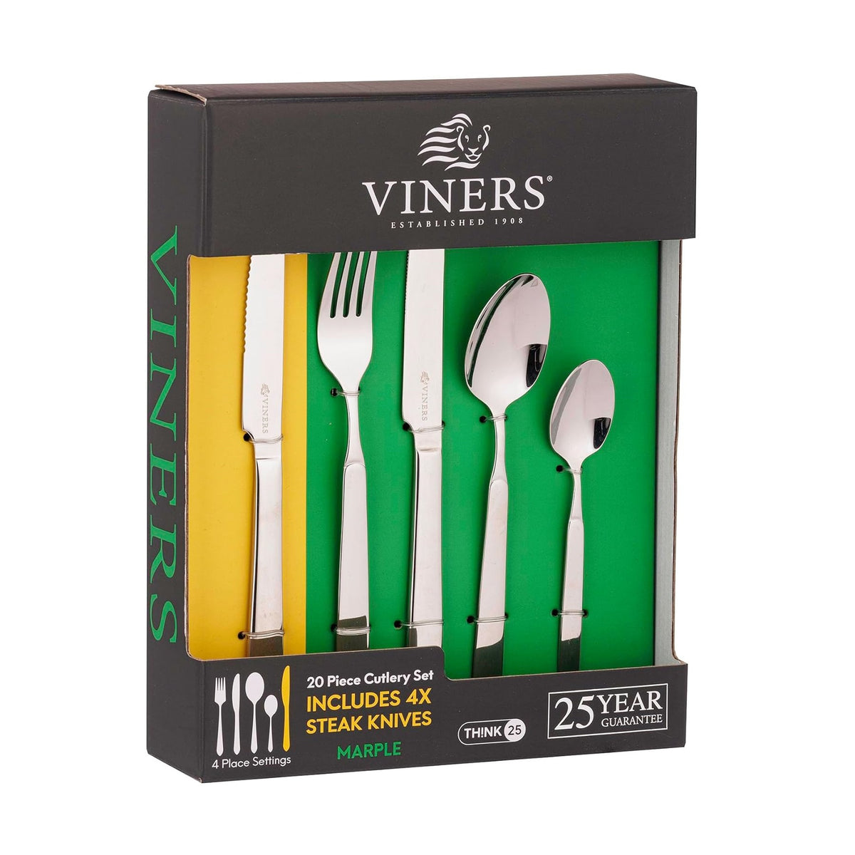 Viners Marple Stainless Steel Cutlery Set Silver Pack of 20 303.188 | Includes 4 x Steak Knives | 4 x Table Forks | 4 x Table Knives | 4 x Dessert Spoons | 4 x Tea Spoons | Mirror Polished Finish