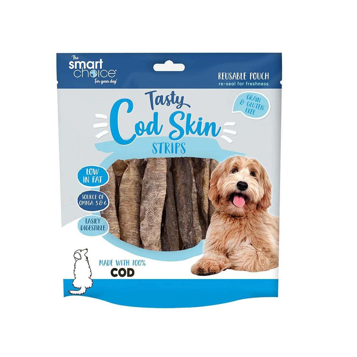 Smart Choice Tasty Cod Skin Strips for Dogs Dark Brown Pack of 12 95g SC1601 | Made with 100 Percent COD | Resealable Pouch | No Artificial Colours or Flavours | Low Fat | Easily Digestible | Grain and Gluten Free | Sources of Omega 3 and 6 | Helps to Maintain Healthy Coat and Joints