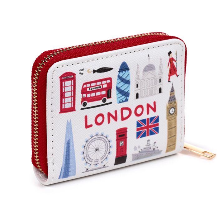 Puckator London Souvenir Zip Wallet White Small 9cm x 11cm x 2cm PUR160 | Purse with Iconic UK Landmarks Print | Coin and Card Holder for Women and Girls