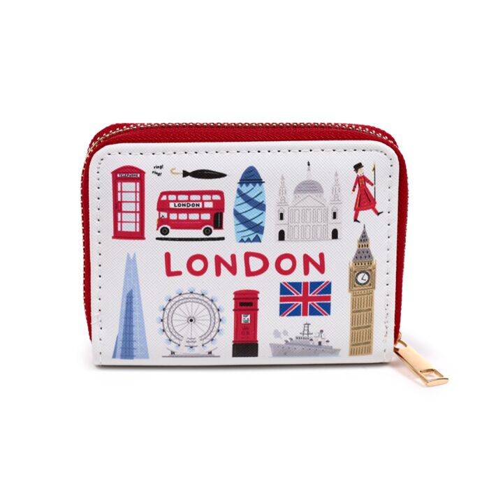 Puckator London Souvenir Zip Wallet White Small 9cm x 11cm x 2cm PUR160 | Purse with Iconic UK Landmarks Print | Coin and Card Holder for Women and Girls