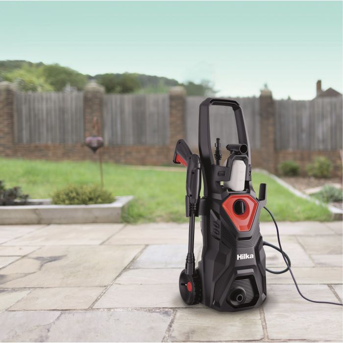 Hilka Electric Pressure Washer with Patio Cleaner 1600W Black 91051600 | Pressure 130 Bar | Adjustable Spray Lance | 5Mtr Cable | 5Mtr Hose | Ideal for Cars-Patios and Garden | Compact Design | 8L Per Minute Max Flow | Includes Patio Brush-Turbo Nozzle