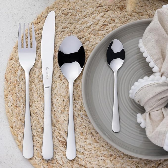Viners Savannah Stainless Steel Canteen Cutlery Set Silver Pack of 42 303.179 | Includes 6 x Dessert Spoons | 6 x Table Forks | 6 x Dessert Knives | 6 x Dessert Forks | 6 x Table Knives | 6 x Soup Spoons | 6 x Tea Spoons