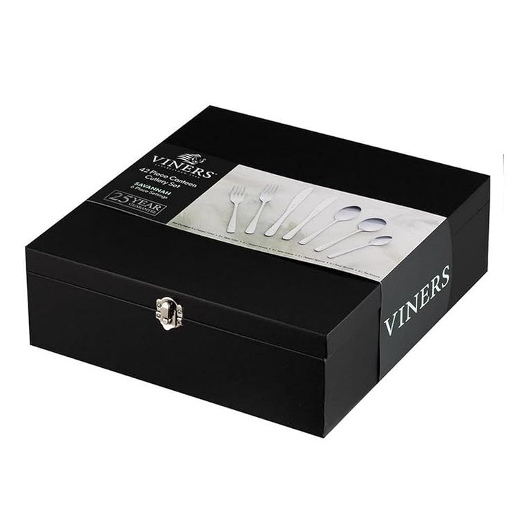 Viners Savannah Stainless Steel Canteen Cutlery Set Silver Pack of 42 303.179 | Includes 6 x Dessert Spoons | 6 x Table Forks | 6 x Dessert Knives | 6 x Dessert Forks | 6 x Table Knives | 6 x Soup Spoons | 6 x Tea Spoons