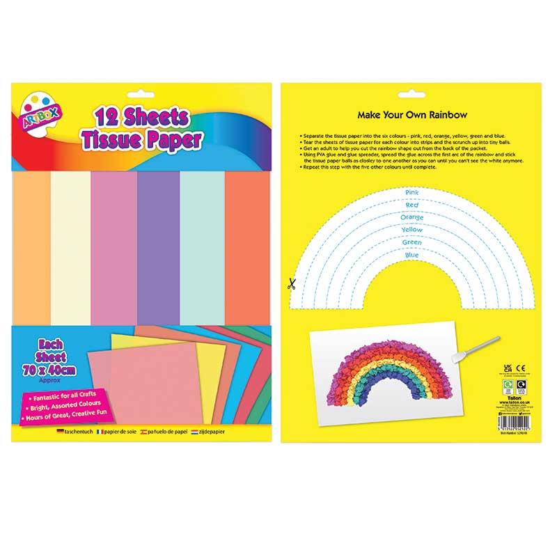 Tallon Artbox Tissue Paper Assorted Colours 70cm x 40cm Pack of 12 5292 | Fantastic for all Crafts | Hours of Great Creative Fun
