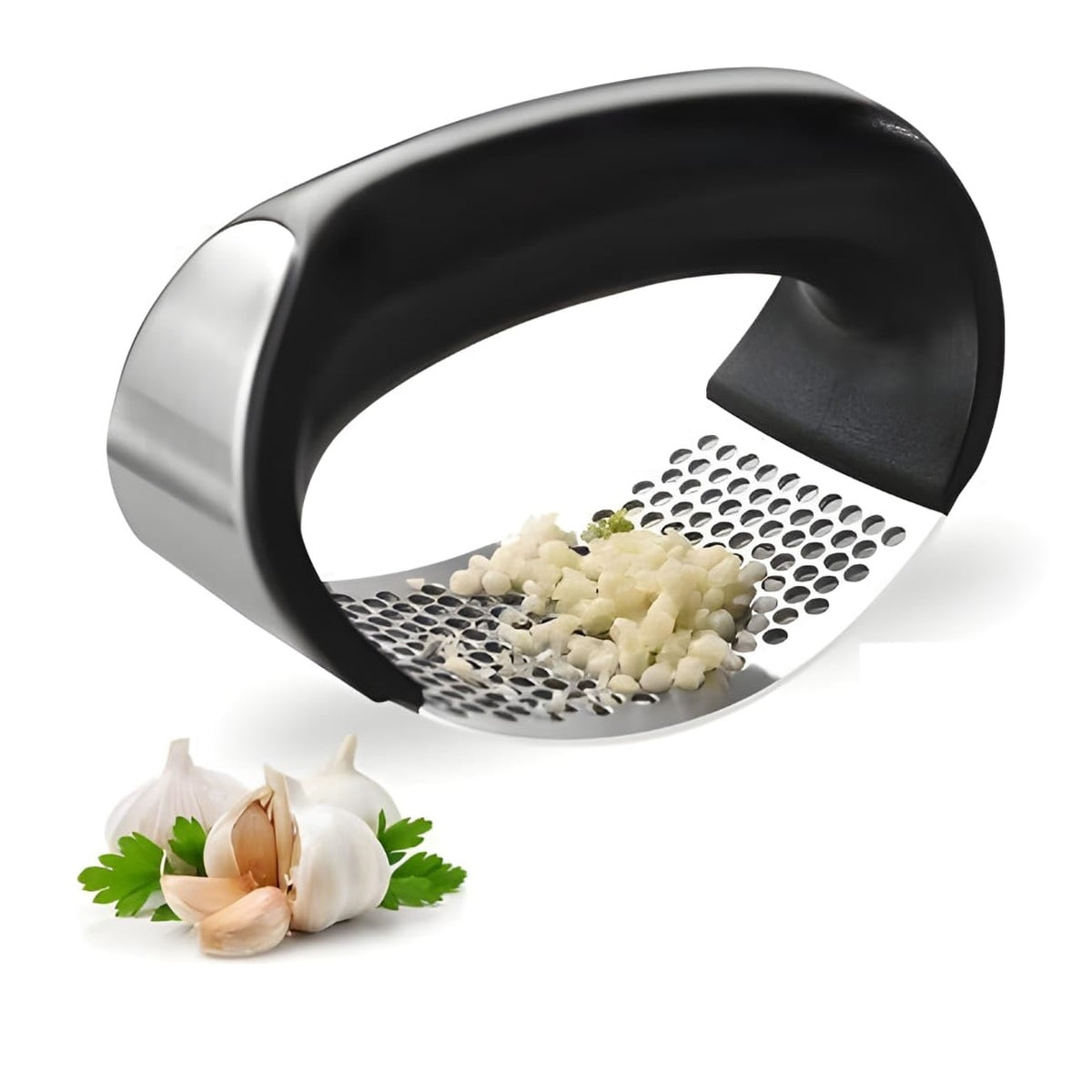 Arc-Shaped Stainless Steel Garlic Press Chrome and Black DD107