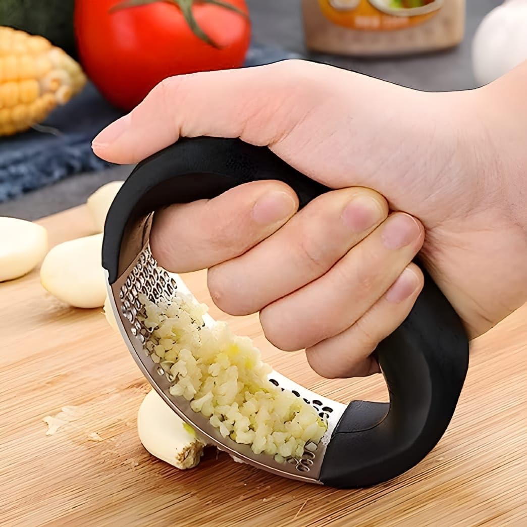 Arc-Shaped Stainless Steel Garlic Press Chrome and Black DD107