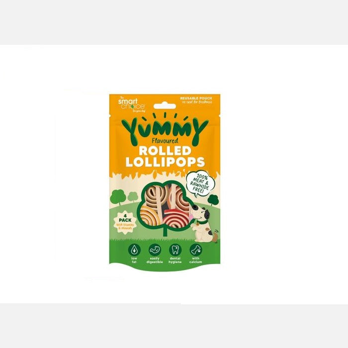 RSW Smart Choice Yummy Flavoured Rolled Lollipops for Dogs Multicoloured Pack of 4 125g SC1774 | 100 Percent Meat and Rawhide Free | Low Fat | Easily Digestible | With Vitamins and Minerals | With Calcium | Dental Hygiene | Resealable Pouch