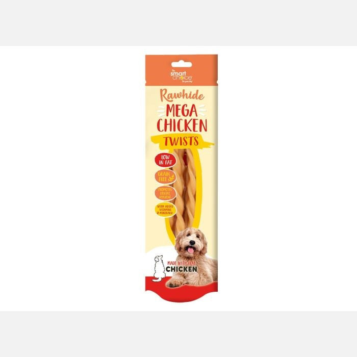 RSW Smart Choice Rawhide Mega Chicken Twists for Dogs Brown 30cm Pack of 5 144g SC1768 | Made with Real Chicken | Low Fat | With Vitamins and Minerals | Dental Hygiene | Tasty Treat | Contains Calcium | No Artificial Colours or Flavours | Helps to Maintain Healthy Coat and Joints | Resealable Pouch