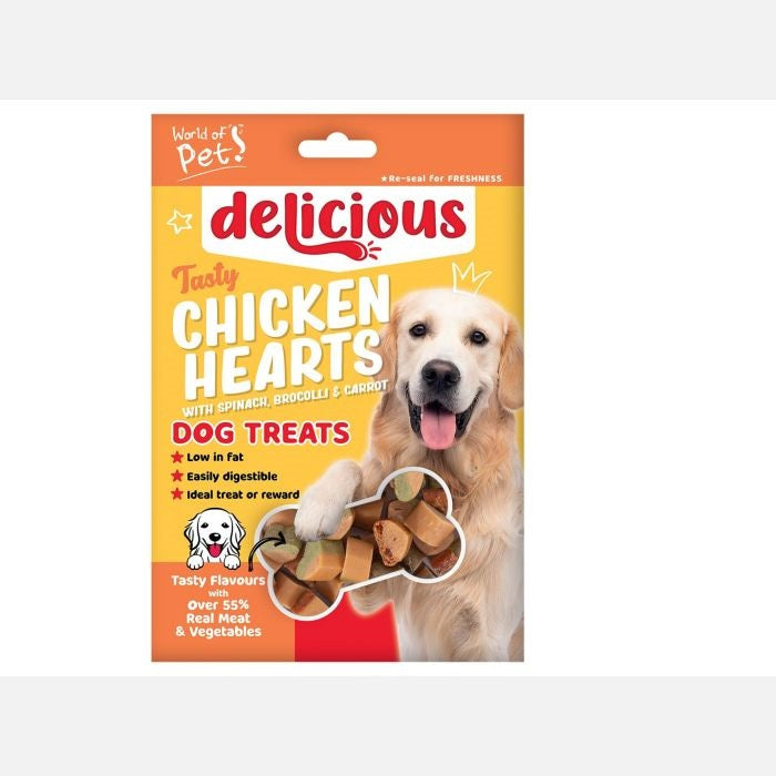 World of Pets Delicious Tasty Chicken Hearts for Dogs Multicoloured 1.5cm x 1cm 80g WP1447 | Made with Chicken-Spinach-Brocolli and Carrot | Low Fat | Ideal Treat or Reward | Easily Digestible | Over 55 Percent Real Meat and Vegetables | Resealable Pouch