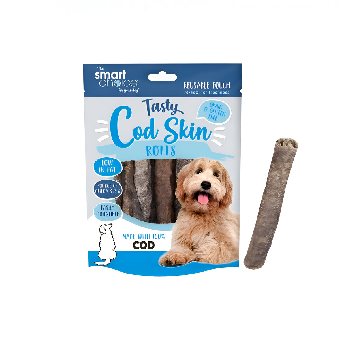 RSW Smart Choice Tasty Cod Skin Rolls Dog Treat L13cm 100g Pack of 8 SC1600 | Low in Fat | Source of Omega 3 and 6 | Easily Digestible  | Made with 100 Percent Cod | Grain and Gluten Free | Reusable Pouch - Re-Seal for Freshness
