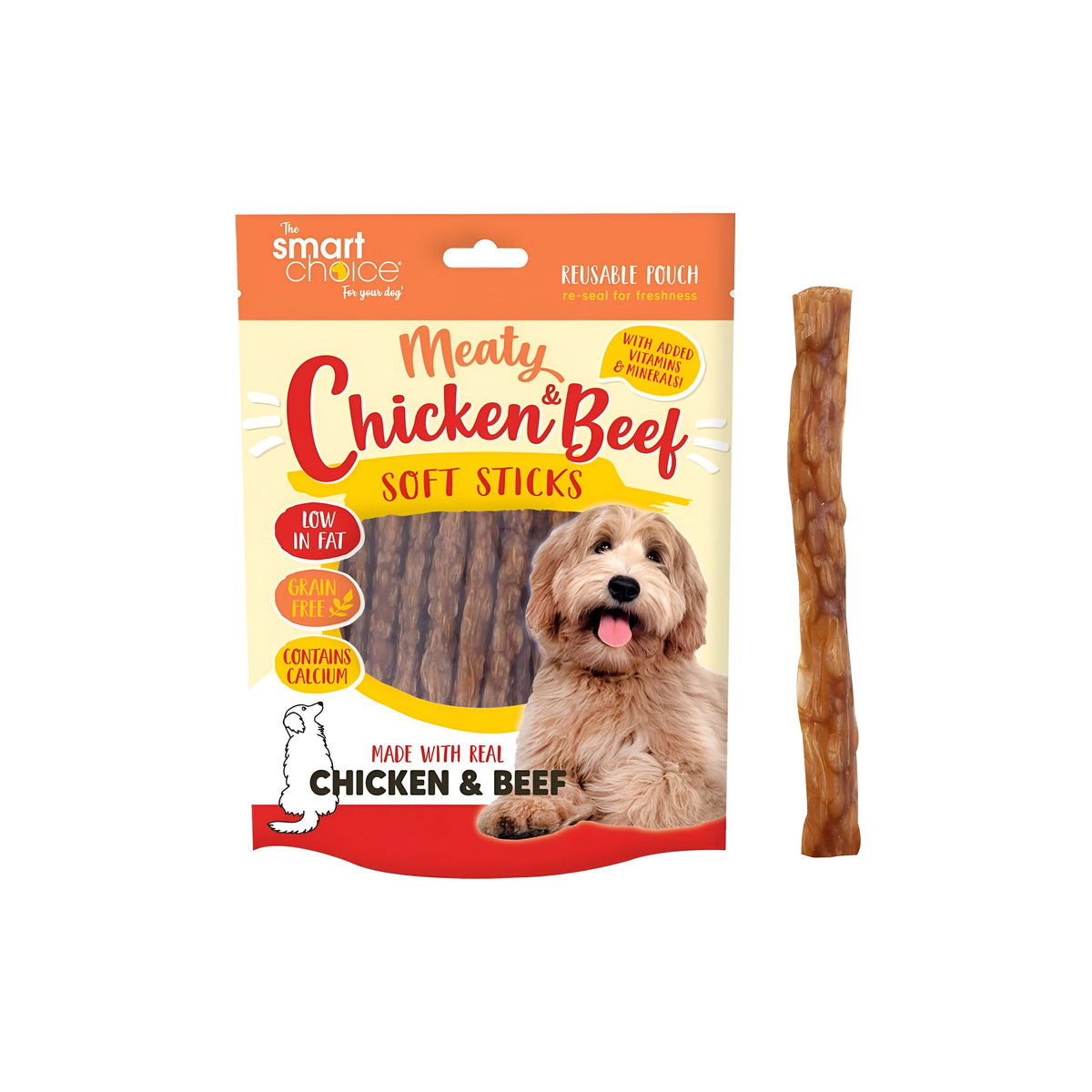 RSW Smart Choice Meaty Chicken and Beef Soft Sticks Treat Brown 100g Pack of 30 SC1479 | Low in Fat | Tasty Treat | Contains Calcium | With Added Vitamins and Minerals | Made with Real Chicken and Beef | Reusable Pouch - Re-Seal for Freshness