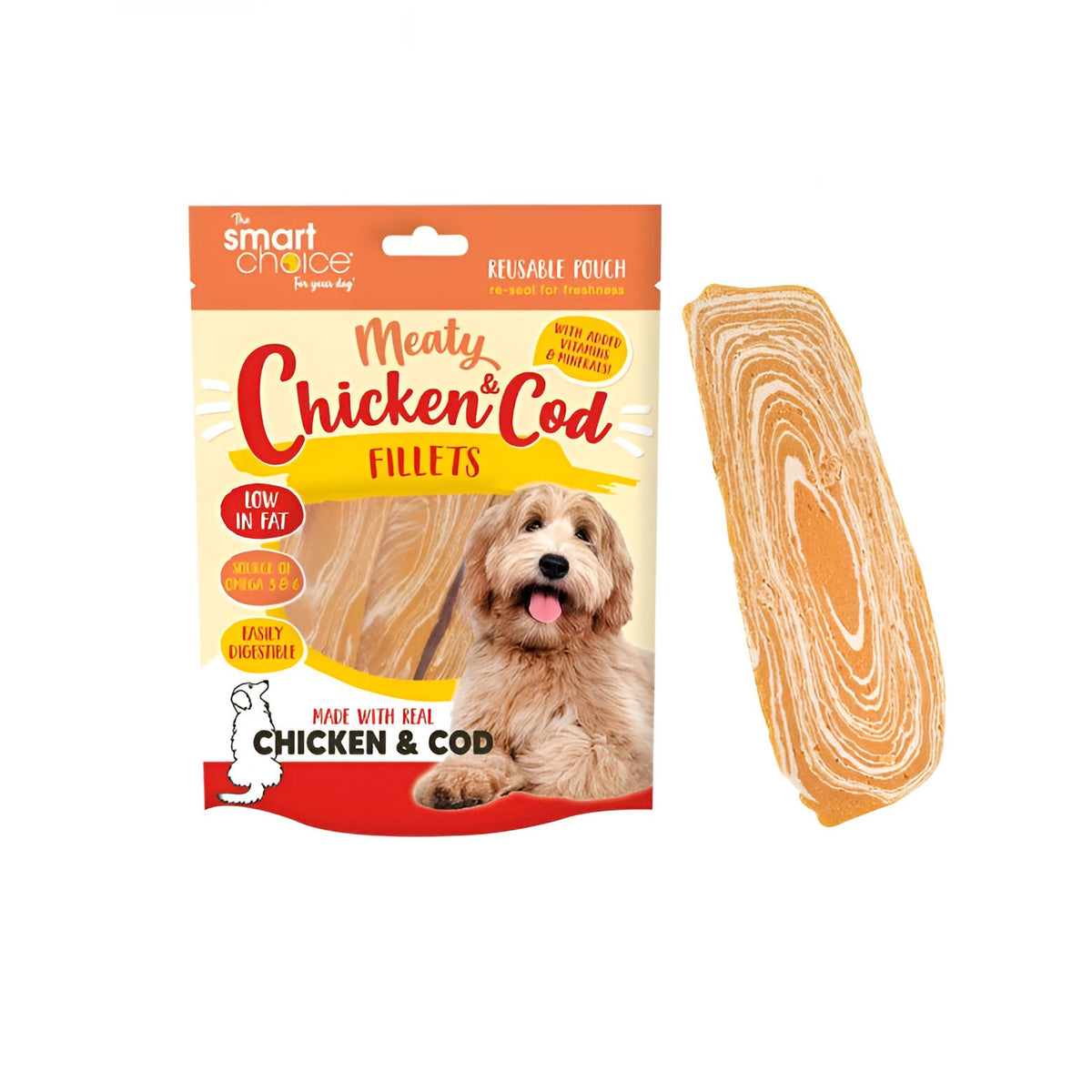 RSW Smart Choice Meaty Chicken and Cod Fillets Dog Treat Brown 110g SC1486 | Low in Fat | Source of Omega 3 and 6 | Easily Digestible  | Made with Real Chicken and Cod | With Added Vitamins and Minerals | Reusable Pouch - Re-Seal for Freshness