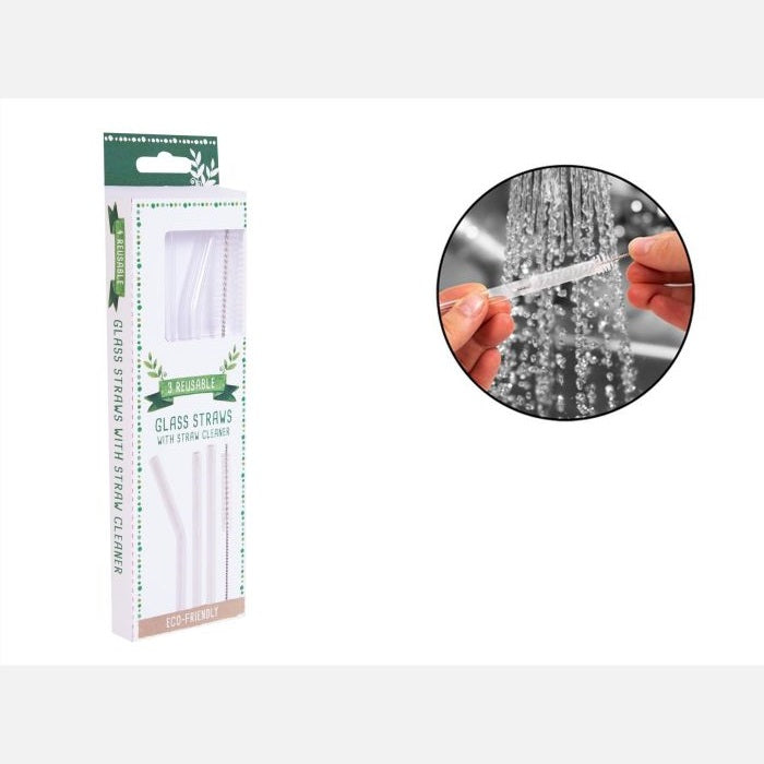 RSW Reusable Glass Straws with Cleaning Brush Clear 20cm Pack of 3 AM4325 | Eco-Friendly | For Hot and Cold Drinks | BPA-Free | Durable and Stain-Resistant | Includes Straight and Bent Straws