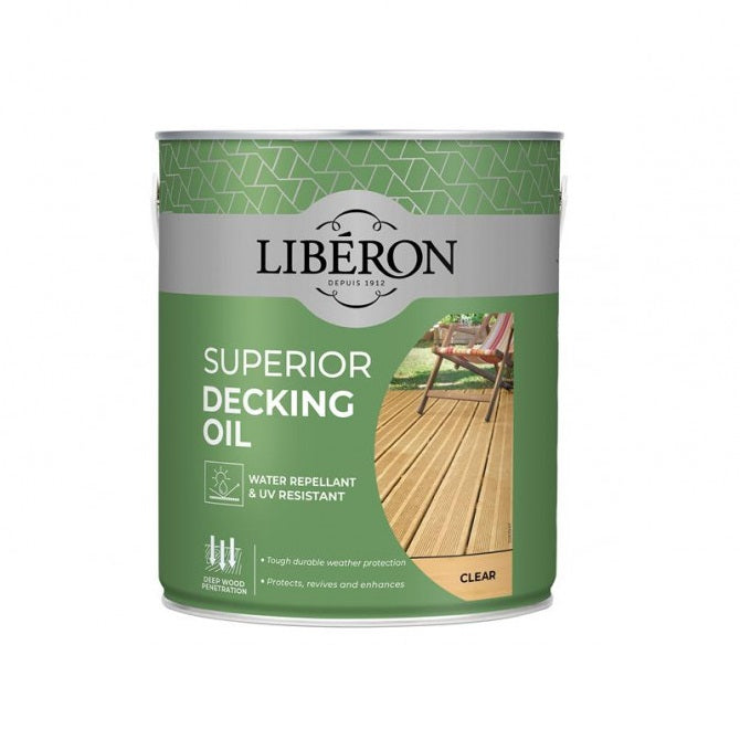 Liberon Superior Decking Oil 2.5Ltr Clear 126103 | Water-Repellent and UV-Resistant | Deep Wood Penetration | Tough Weather Protection for Outdoor Decking | Protects-Revives and Enhances | Drying Time Recoat 15 Minutes | Drying Time Full Day 24Hr