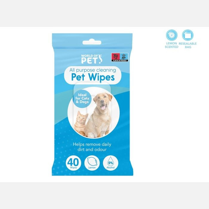 World of Pets All Purpose Lemon Scented Cleaning Pet Wipes White 20cm x 15cm Pack of 40 WP440 | Ideal for Cats and Dogs | Alcohol-Free | Removes Dirt and Odours | Resealable Pack