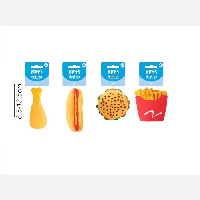 World of Pets Squeaky Vinyl Takeaway Chew Toy for Dogs Assorted Colours 8.5cm-13.5cm Pack of 1 WP1390 | Durable and Fun Pet Toy | Chicken Leg Size - 13cm x 5.5cm | Fries Size - 9.5cm x 9cm | Hot Dog Size - 13.5cm x 4.5cm | Burger Size - 8.5cm x 4cm