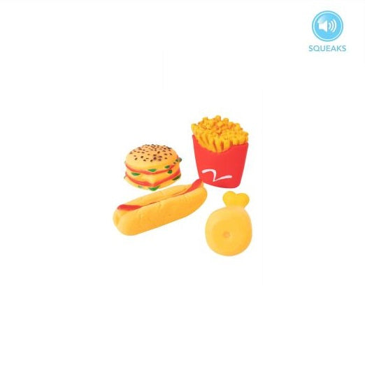 World of Pets Squeaky Vinyl Takeaway Chew Toy for Dogs Assorted Colours 8.5cm-13.5cm Pack of 1 WP1390 | Durable and Fun Pet Toy | Chicken Leg Size - 13cm x 5.5cm | Fries Size - 9.5cm x 9cm | Hot Dog Size - 13.5cm x 4.5cm | Burger Size - 8.5cm x 4cm