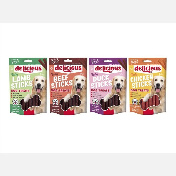 World of Pets Delicious Tasty Dog Treats Brown 12cm x 1cm Pack of 7 WP270 | 4 Assorted Flavours | Chicken Sticks-Lamb Sticks-Duck Sticks and Beef Sticks | Soft Snacks with Over 75 Percent Real Meat | Gentle on Teeth | Ideal for Training or Rewards | Resealable Pouch