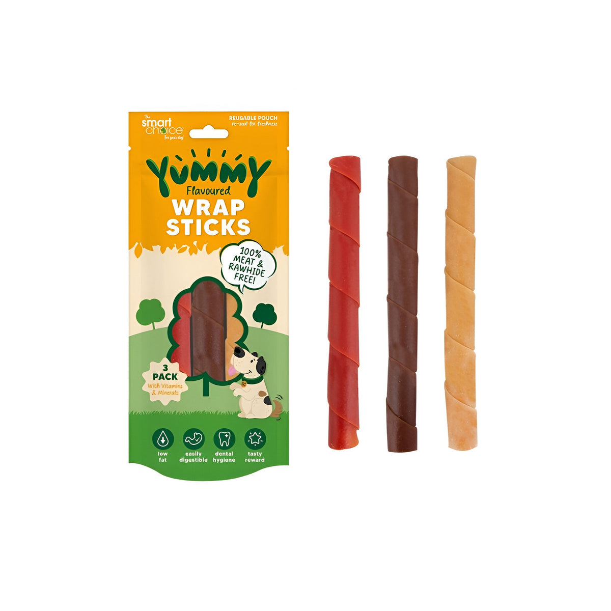  RSW Smart Choice Yummy Flavoured Wrap Sticks Treat Assorted 130g Pack of 3 SC1776 | 100 Percent Meat and Rawhide Free | With Vitamins and Minerals | Low Fat | Easily Digestible | Dental Hygiene | Tasty Reward | Reusable Pouch - Reseal for Freshness