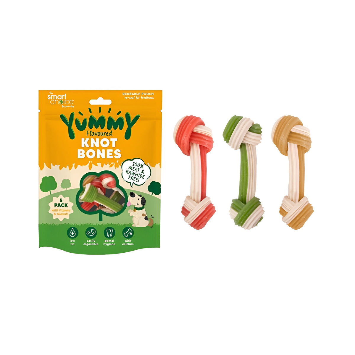 RSW Smart Choice Yummy Flavoured Knot Bones Dog Treat Multicolour 160g Pack of 5 SC1773 | 100 Percent Meat and Rawhide Free | Vitamins and Minerals | Low Fat | Easily Digestible | Dental Hygiene | With Calcium | Reusable Pouch - Reseal for Freshness