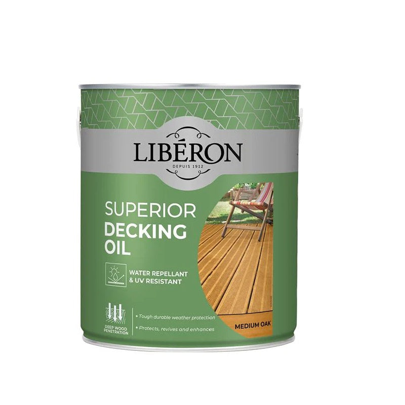 Liberon Superior Decking Oil 2.5Ltr Medium Oak 126104 | Water-Repellent and UV-Resistant | Deep Wood Penetration | Tough Weather Protection for Outdoor Decking | Protects-Revives and Enhances | Drying Time Recoat 15 Minutes | Drying Time Full Day 24Hr