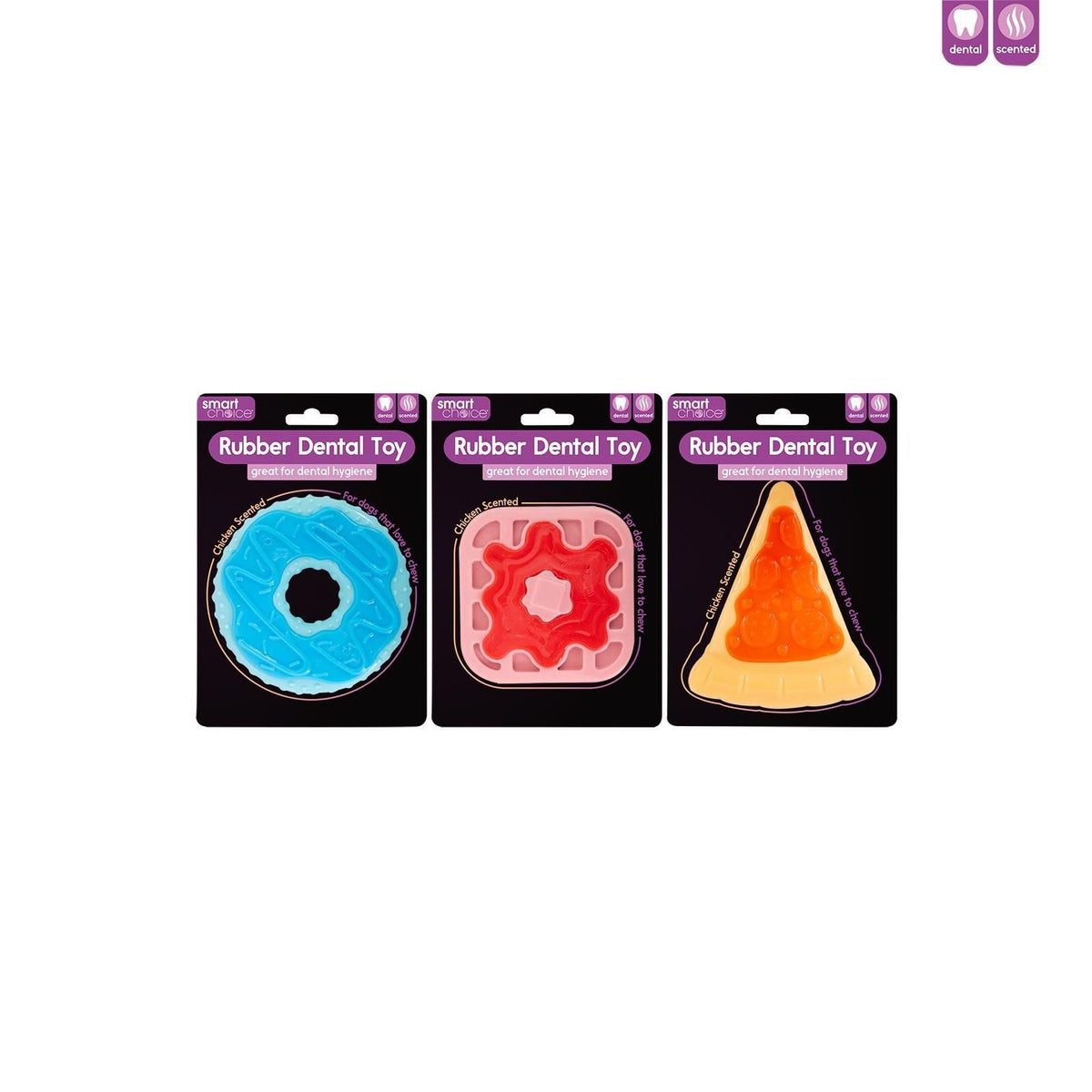 RSW Smart Choice Chicken Scented Rubber Dental Toy for Dogs Assorted Colours Pack of 1 SC1638 | Assorted 3 Designs Pizza-Waffle and Donut | For Dental Hygiene | Robust Rubber and Durable Nylon | Chicken Scent to Encourage Play