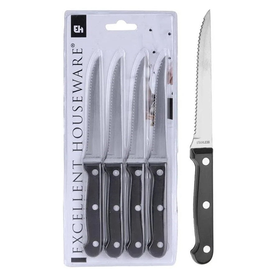 Excellent Houseware Stainless Steel Steak Knife Set Black and Chrome Pack of 4 404002570