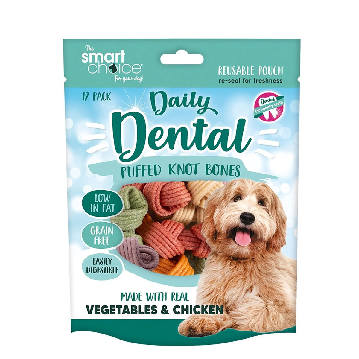 RSW Smart Choice Daily Dental Puffed Knot Bones Treat Assorted 60g Pack of 12 SC1573 | Low in Fat | Grain Free | Easily Digestible | Made with Real Vegetables and Chicken