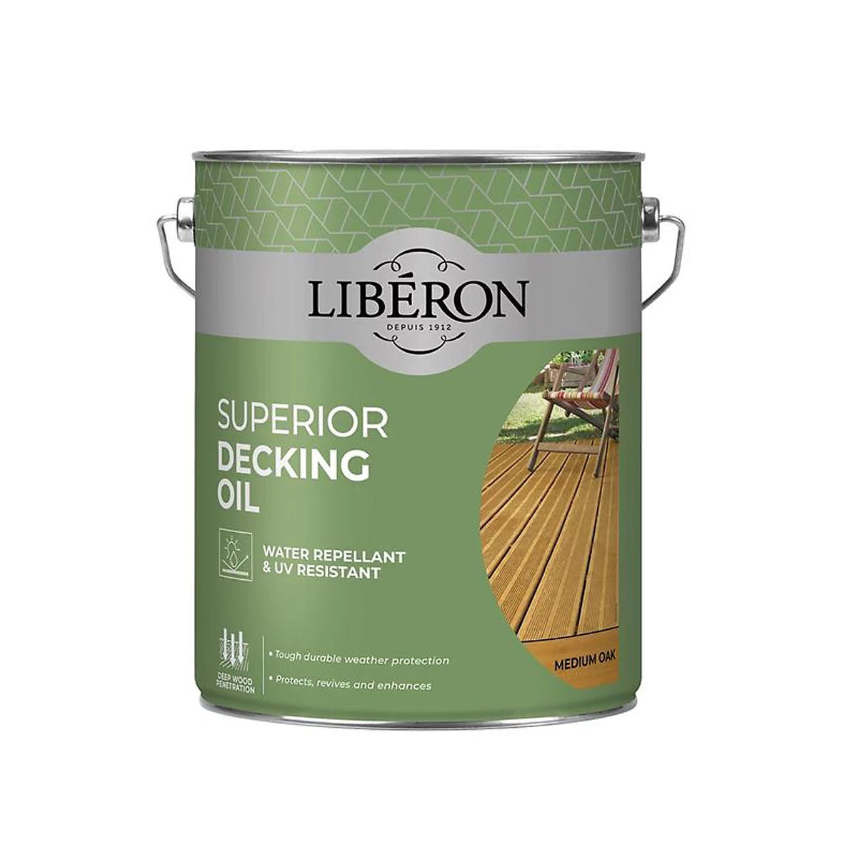 Liberon Superior Decking Oil 5Ltr Medium Oak 126107 | Water-Repellent and UV-Resistant | Deep Wood Penetration | Tough Weather Protection for Outdoor Decking | Protects-Revives and Enhances | Drying Time Recoat 15 Minutes | Drying Time Full Day 24Hr
