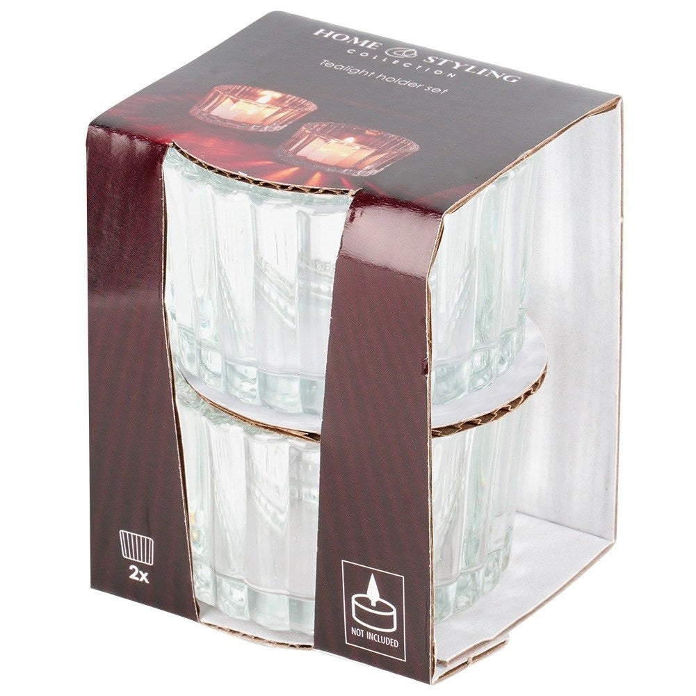 Home and Styling Collection Candle Holder Glass for Tealight Clear 5.7cm x 3.5cm Pack of 2 CD1003070 | Ideal for Home Decor-Weddings and Gift Giving | Elegant Ribbed Design