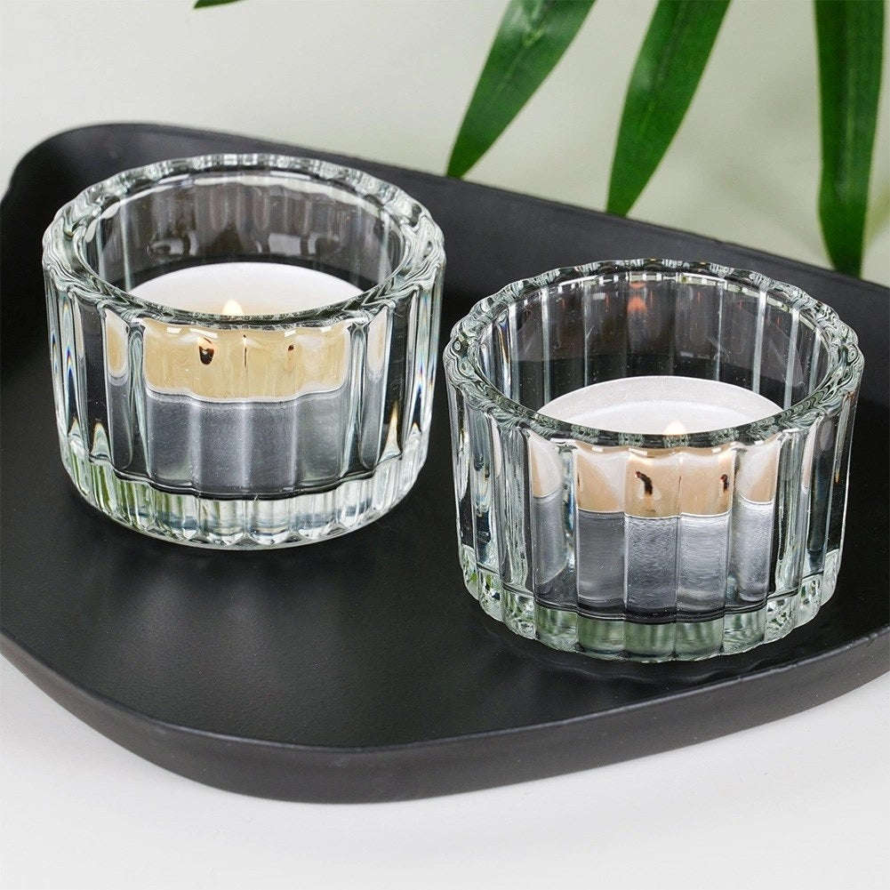Home and Styling Collection Candle Holder Glass for Tealight Clear 5.7cm x 3.5cm Pack of 2 CD1003070 | Ideal for Home Decor-Weddings and Gift Giving | Elegant Ribbed Design
