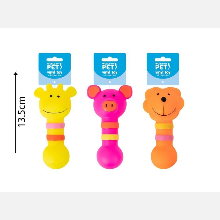 World of Pets Vinyl Animal Baton Toy with Squeaker Assorted Colours 6.5cm x 4.5cm x 13.5cm Pack of 1 WP1464 | Durable and Lightweight | Promotes Dental Hygiene | Great for Games of Throw and Fetch | 3 Assorted Designs Lion-Pig and Giraffe