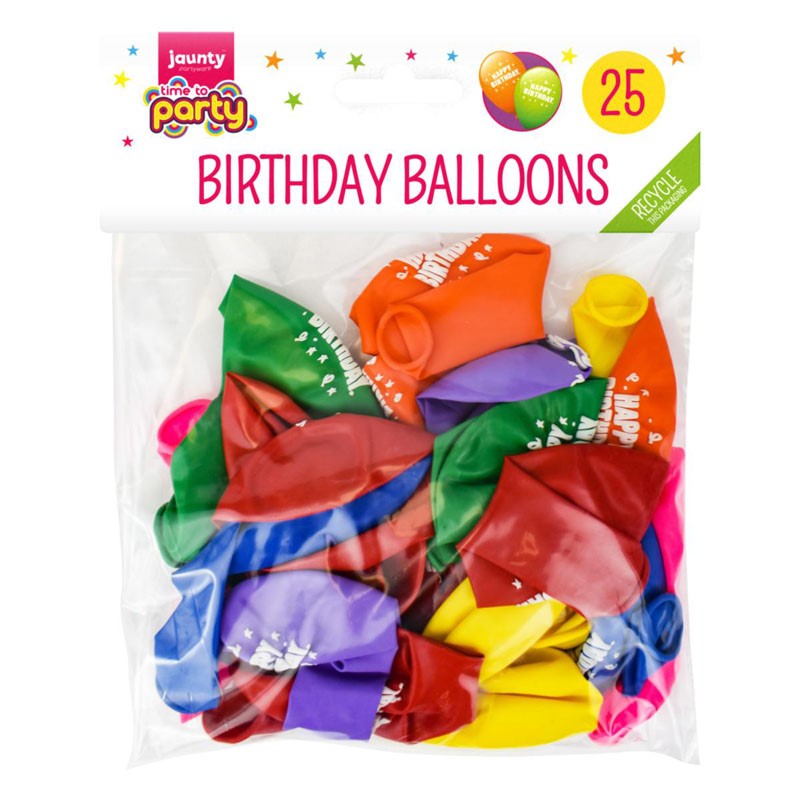 Jaunty Partyware Happy Birthday Balloons Assorted Colours Pack of 25 324181 | Suitable for Air or Helium | Birthday Party Decorations