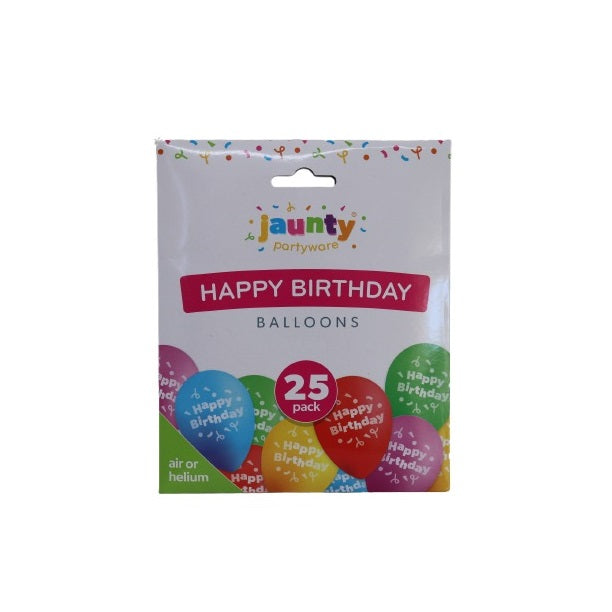 Jaunty Partyware Happy Birthday Balloons Assorted Colours Pack of 25 324181 | Suitable for Air or Helium | Birthday Party Decorations