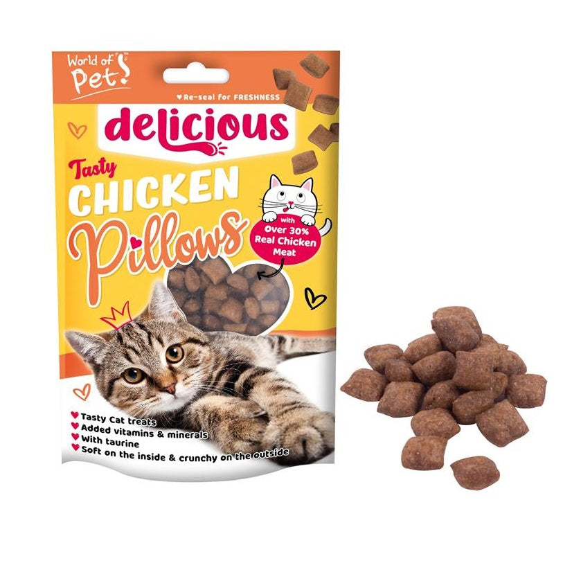 RSW World of Pets Chicken Pillows Cat Treat Brown 80g WP1159 | Tasty Cat Treats | Added Vitamins and Minerals | With Taurine | Soft on the Inside and Crunchy on the Outside