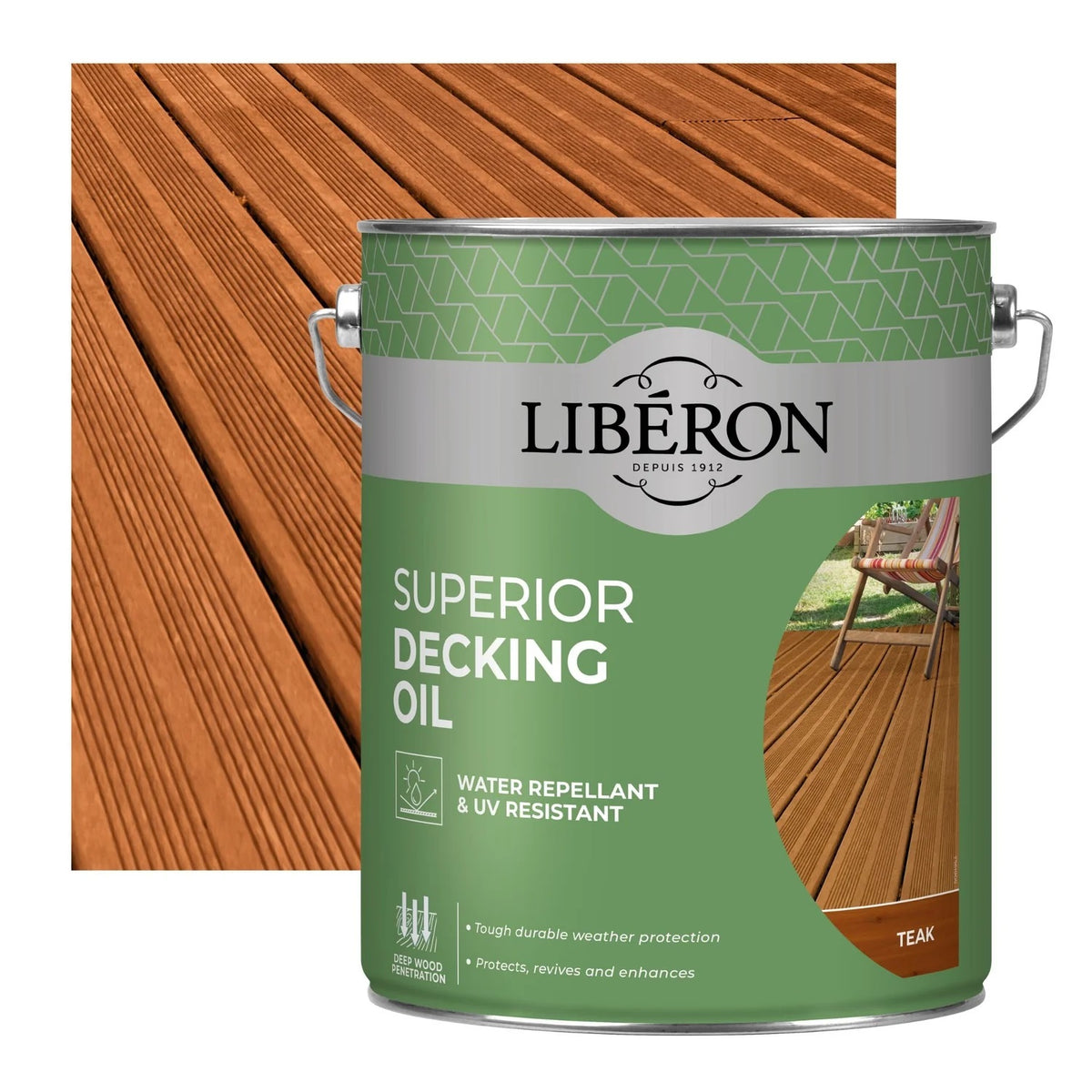Liberon Superior Decking Oil 5Ltr Teak 126108 | Water-Repellent and UV-Resistant | Deep Wood Penetration | Tough Weather Protection for Outdoor Decking | Protects-Revives and Enhances | Drying Time Recoat 15 Minutes | Drying Time Full Day 24Hr