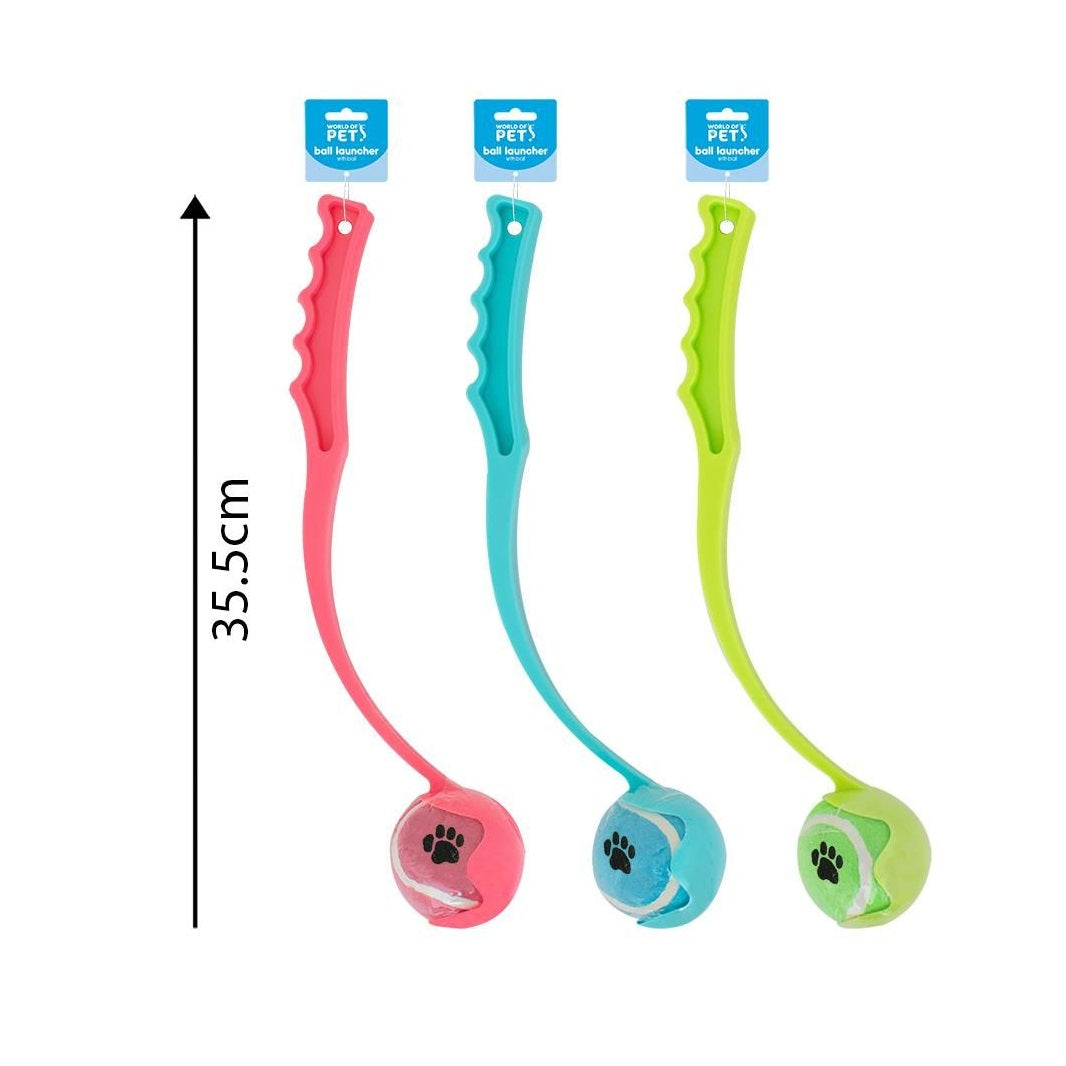 World of Pets Tennis Ball Launcher with Ball Assorted Colours 35.5cm Pack of 1 WP1585 | Keep Your Pet Happy and Healthy | Great for Outdoor Games