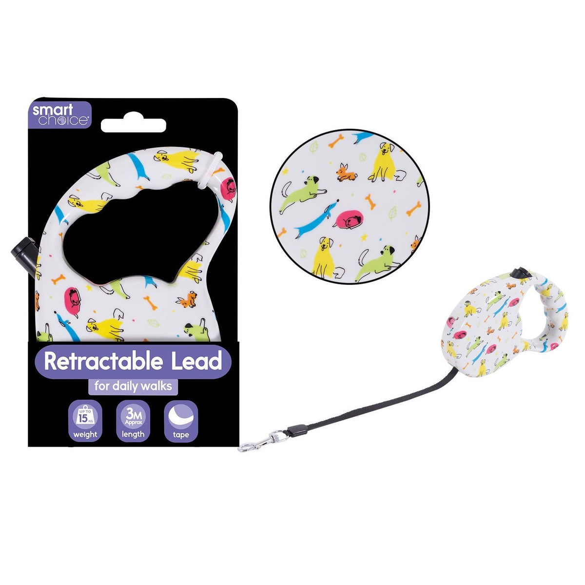 RSW Smart Choice Printed Retractable Dog Lead White 3Mtr SC1566 | Up To 15Kg Weight | For Daily Walks